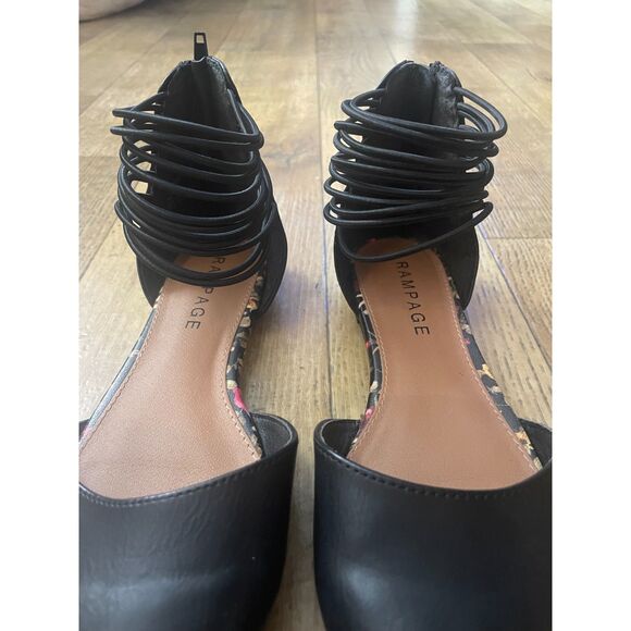 Rampage Black Pointed Toe Flats Size 7 Strappy Ankle Zip Faux Leather Shoes - Picture 4 of 6
